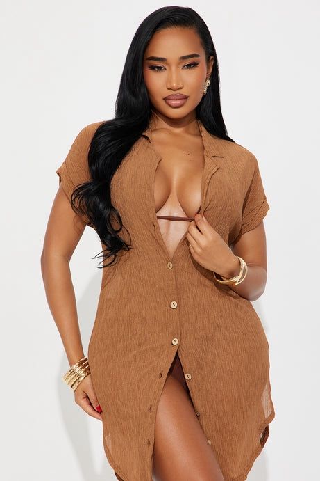 Summer Breeze Button Up Plisse Cover Up Shirt Dress- Mocha