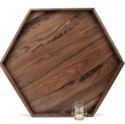 (Brand New in Box)  30"x 26" Extra Large Hexagonal Black Walnut Wood Ottoman Tray Serve Tea, Coffee, Classic Hexagon Wooden Decorative Serving Tray wi