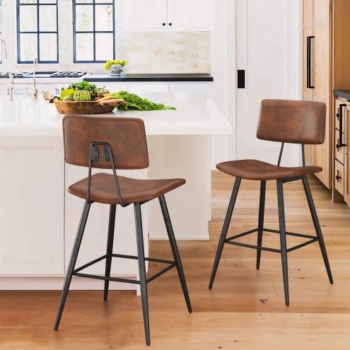 New Counter Height Bar Stools, 24 Inch Bar Stools Set of 2 for Kitchen Counter, Faux Leather Counter Stools with Black Metal Legs,