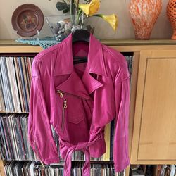 Andrew Marc VTG Hot “BARBIE” Pink, lined LAMBSKIN LEATHER Moto Jacket w/ Belt, L