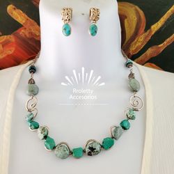 Sterling Silver 925 Necklace And Earrings With Real Turquoise Stone. 