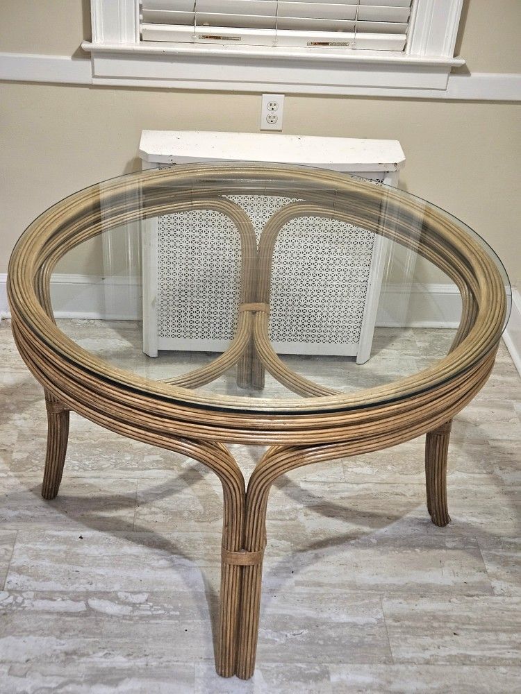 MCM Pencil Reed Rattan Wicker Dining Table With Leather Accents And Tempered Glass Top