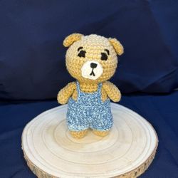 Adorable yellow and blue crochet teddy bear 7 inches standing 
