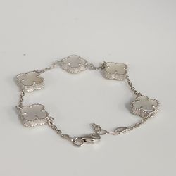 Fashion Silver Bracelet With Mother Of Pearl Floral Clover Links 7.5"