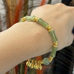 14k gold 4 bells green jade irregular chunky cuff bangle bracelet