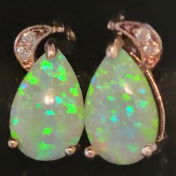 Gorgeous Opal Stud Earrings Diamond Chip Accents