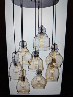 Brand New Light Fixture - Cognac Glass 8 Cluster Pendant in Antique Black Finish.