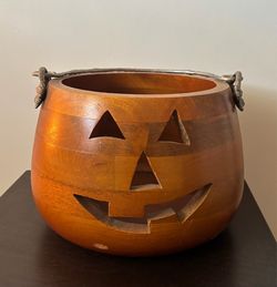 Decorative Wood Pumpkin Bowl with Handle