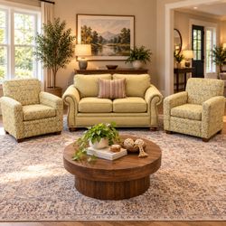 Very Clean Yellow Loveseat with Nailhead & Two Patterned Armchairs ( Delivery available, See Details