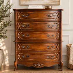 Gorgeous French Provincial Style Tallboy Dresser Highboy Chest with Gorgeous Ornate Details