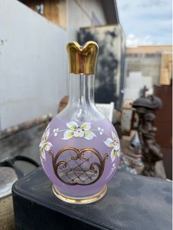Vintage Bohemian Satin Glass Decanter + 5 matching cups