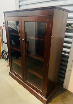 Vintage Wooden Storage Cabinet Shelf w/Glass Doors