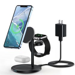 XooFly 3 in 1 Wireless Charging Station for Apple Devices, Fast Wireless Mag-Safe Charger Stand with 20W Adapter for iPhone 17/16 15 14 13 12 Pro Max/