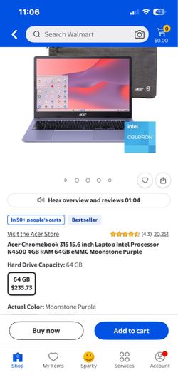 Acer Chromebook 315 15.6 inch Laptop Intel Processor N4500 4GB RAM 64GB eMMC Moonstone Purple