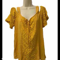 ✨New✨ Adult Women XL Yellow Gold Blouse Cutout Shoulder Tie Front Knit Short Sleeve