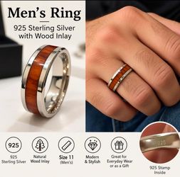 Men's 925 Sterling Silver Ring with Wood Inlay