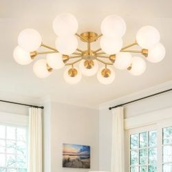38.5" Semi Flush Mount Ceiling Light, 15-Light Modern Gold Ceiling Light Fixture