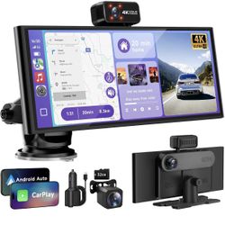 CarPlay Screen for Car Tablet Android Auto Smart Screen for Car, 4K Dash Cam Portable Car Play with 3 Channel Camera Backup Camera,10.26” Wireless Dis