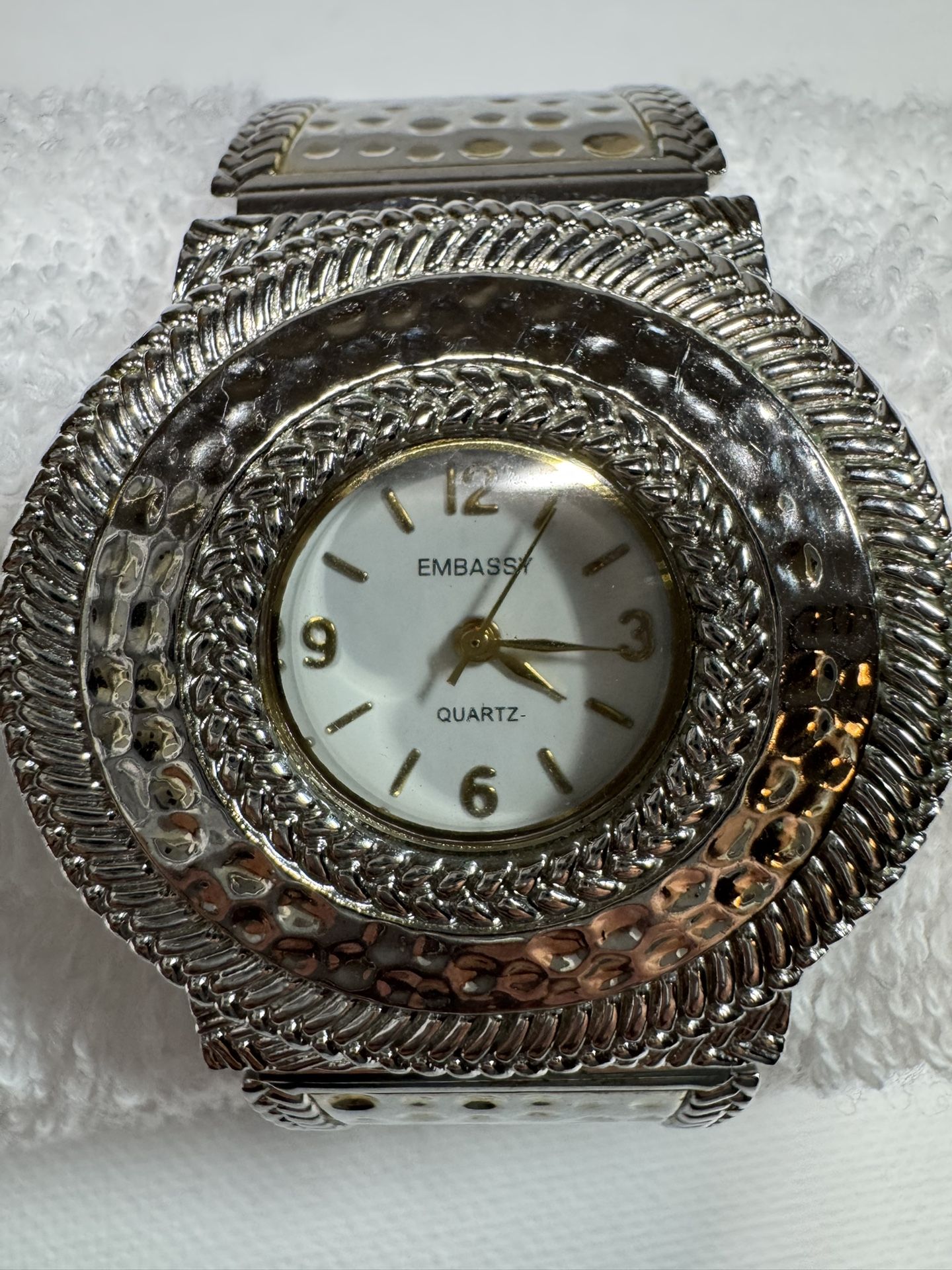 Embassy Gruen Watch Women 39mm Silver Tone Hammered Metal Cuff Bracelet