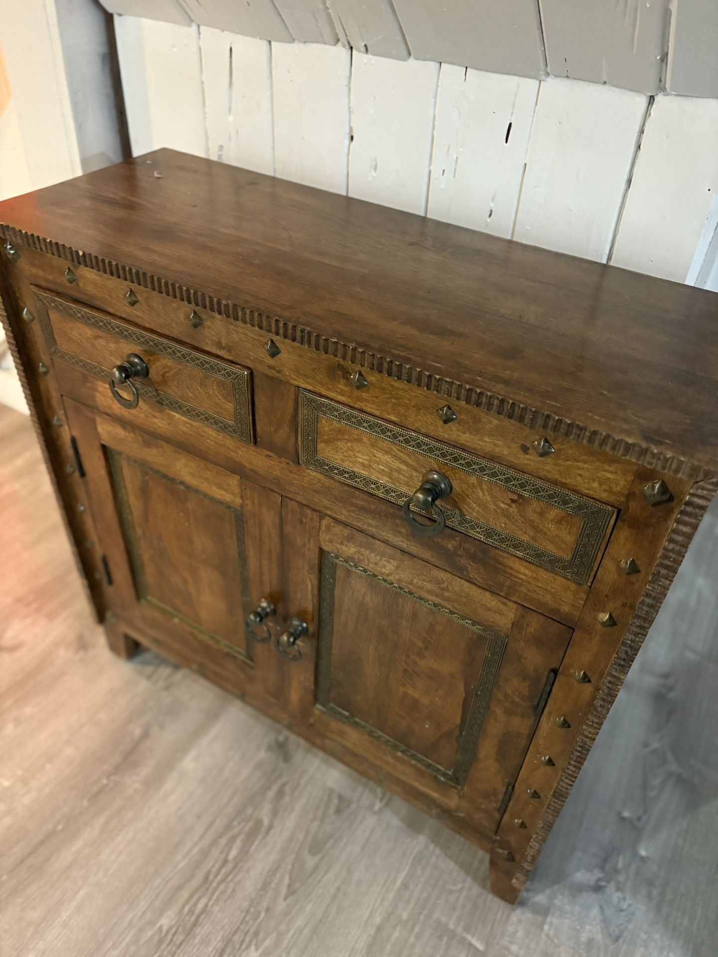 Solid Wood Cabinet w/ Carved & Metal Detail – 35”