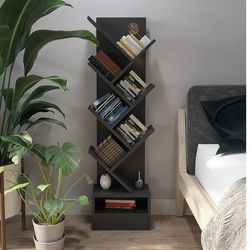 4NM Small Tree Bookshelf with Storage Space, Standing Bookcase for CD Storage and Magazine Rack, Wooden Book Tree Organizer Shelves for Small Spaces (
