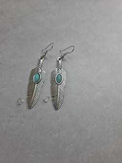 Turquoise Inset on Silver Feather Danglee Earrings