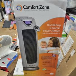 Comfort Zone Electric Oscillating Ceramic Tower Space Heater 1500W, Remote, Backlit Digital Thermostat & Temp Display, Timer, & Overheat Sensor