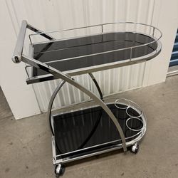 Chrome Metal Bar Wine Tea Serving Cart with Tempered Glass