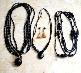 Three Beautiful Vintage Black Beaded Necklaces Plus Pair Of Earrings! Multiple Strand Beaded Necklace With Faceted Pendant & Gold Tone Accents, Black