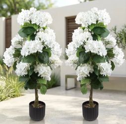 Pcs 3 Ft Artificial Silk Hydrangea Trees. UV Resistant Pot in a Black Fluted Planter.