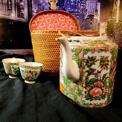 Antique Authentic Fine China Tea Set In Original Lined Satin Wicker Picnic Basket