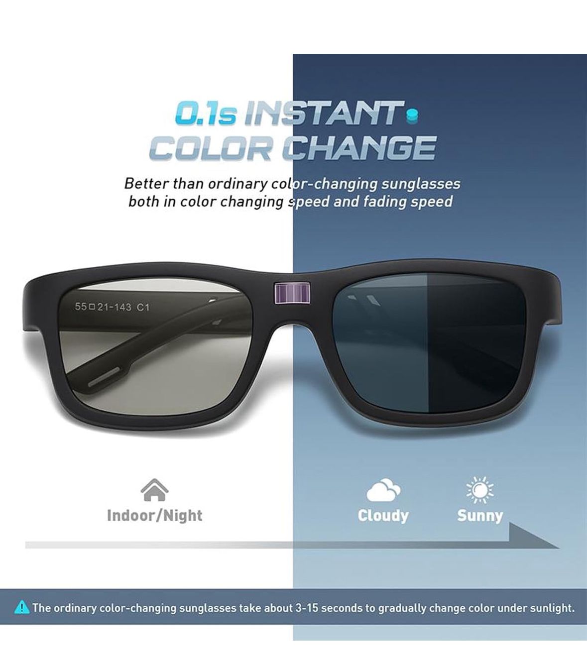 3-3 0.1s Auto-Tinting Sunglasses for Men & Women, Polarized Photochromic Glasses with Dual UV400, All-Weather Lightweight Glasses for Driving,