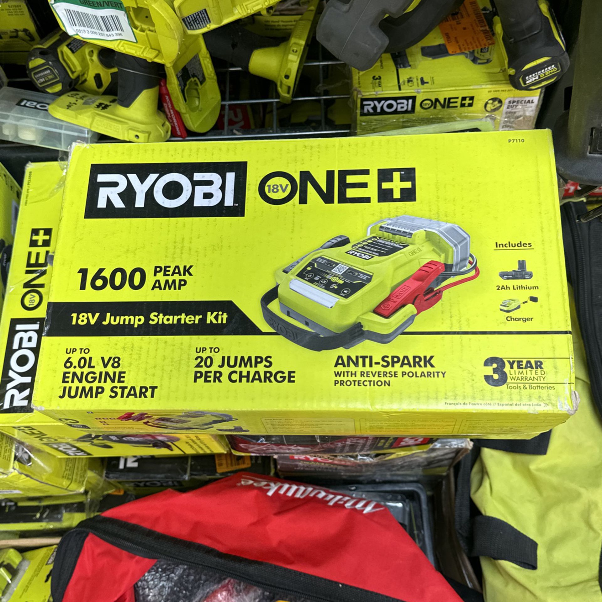 RYOBI ONE+ 18V Cordless 1600A Jump Starter with LED Work Light Kit with 2.0 Ah Battery and Charger