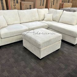 Ivory 3-Pc Corduroy Sectional Sofa With Storage Ottoman And USB Port