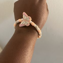 Peach & White Butterfly Beaded Bracelet – Handmade Stretch Jewelry