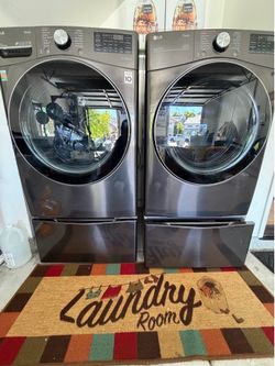 LG Front Load Washer & Dryer Set + Storage Pedestals - Excellent Condition