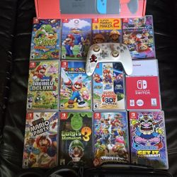 Nintendo Switch In Box with 12 Mario games. 3D All Stars. Case. Charging dock. Etc.