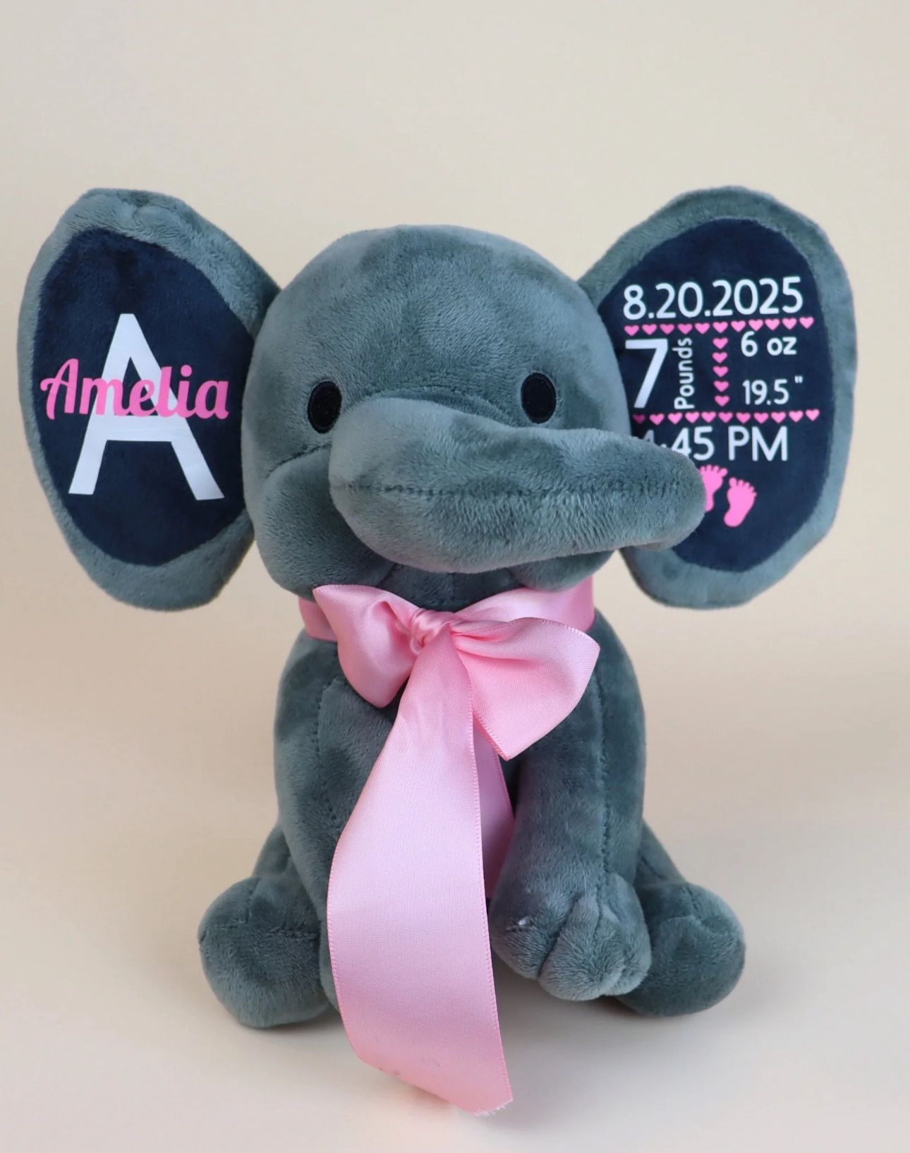 Birth Announcement Elephant Plush Toy Pink