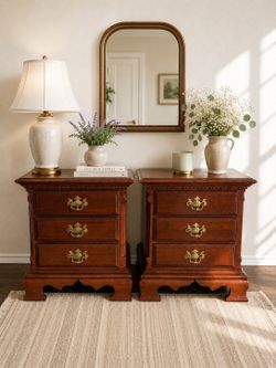Vintage Lexington Chippendale Cherry Nightstands | Solid Wood Pair | Brass Hardware