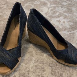 Preowned Womens White Mountain Madador Denim-Look Wedge Espadrilles Peep Toe Shoes Size 6