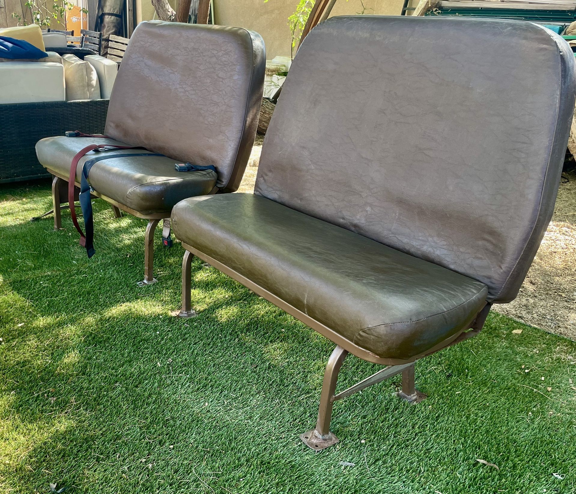 Nice Vintage Pair of Metal Frame Brown Vinyl High Back Bus Seat Benches