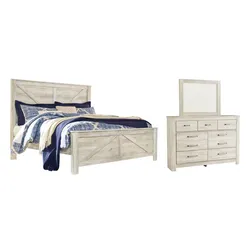 Bellaby King Crossbuck Panel Bed with Mirrored Dresser Closing Days of Warehouse Clearance
