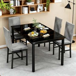 5-Piece Glass 4 PU Leather Chairs Glass Dining Table Set, black and grey