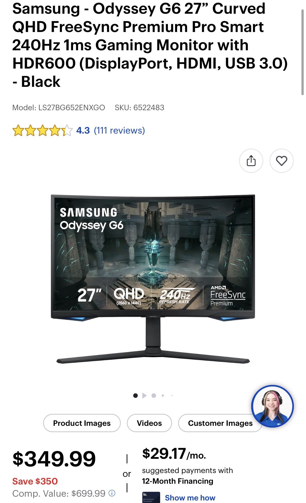 Samsung 27" Odyssey QHD G65B Curved Gaming Monitor
