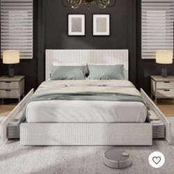 Full Size Bed Frame with 4 Storage Drawers, Upholstered Platform Bed Frame with Wooden Slats Support, Beige