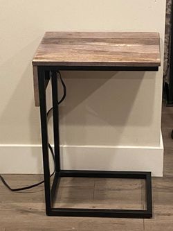 Laptop C Table with  The Black Metal Base, Rustic Wood Top USB Ports And Electric Plugs W17"xD12"xH26"