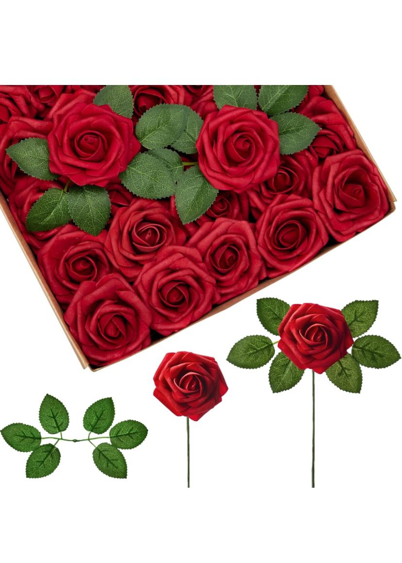 100 Pcs Dark Red Fake Roses Faux Artificial Flowers