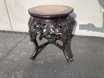 Antique Chinese Foliate Carved Rosewood Rouge Marble Top Stand