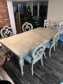 Distressed Dinning Table - Leaf Extension With 6 Chairs
