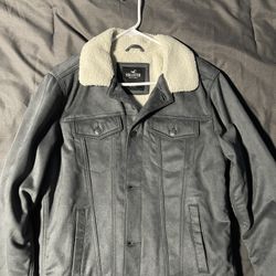 Hollister Dark Grey is Sherpa-Lined Faux Suede Trucker Jacket Large